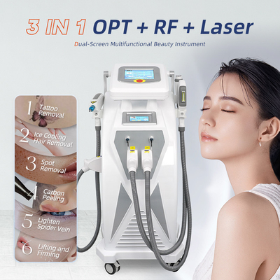 Διπλές οθόνες 3 σε 1 Πολυλειτουργικό RF Face Lifting Nd Yag Laser Απομάκρυνση Τατουάζ OPT IPL μηχανή απομάκρυνσης τριχών